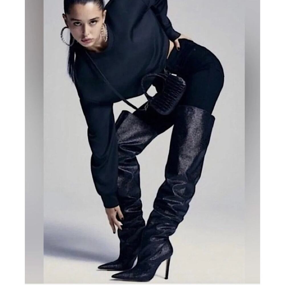 Good American "The Weekend" Thigh High Sparkle Boots